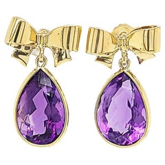 Vintage Yellow Gold Bow Drop Pear Amethyst Earrings