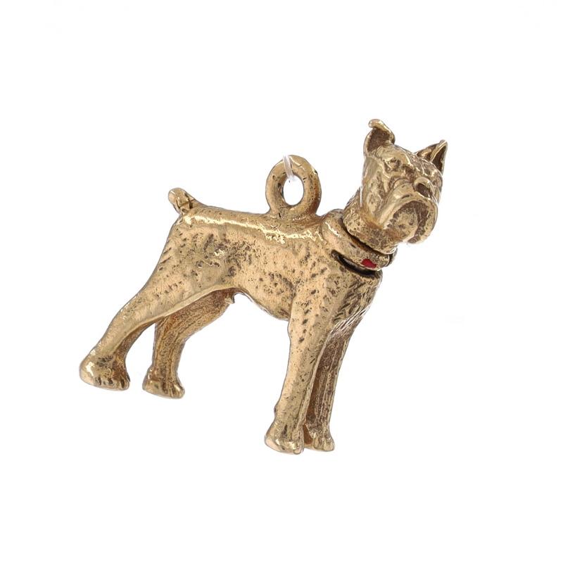 Metal Content: 14k Yellow Gold

Material Information
Enamel
Color: Red

Theme: Boxer Dog, Pet Canine
Features: The dog's head rotates

Measurements
Tall: 21/32