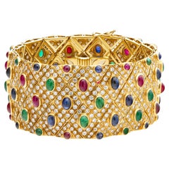 Yellow Gold Bracelet with Approx 40 Carats Cabochons Ruby, Emerald and Sapphire