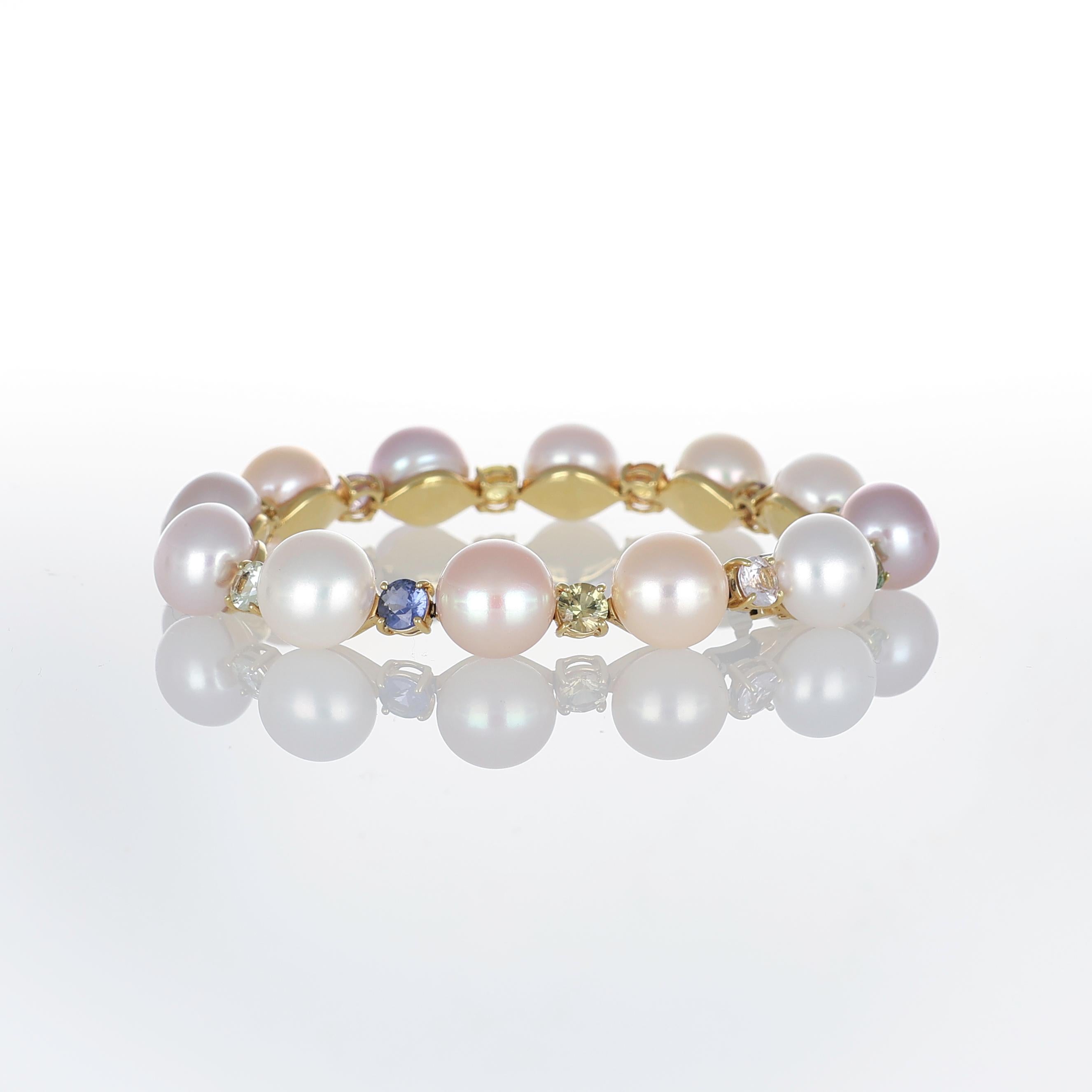 Bracelet en or jaune avec perles et saphirs multicolores - 3,20 ct Neuf - En vente à Bergamo, BG