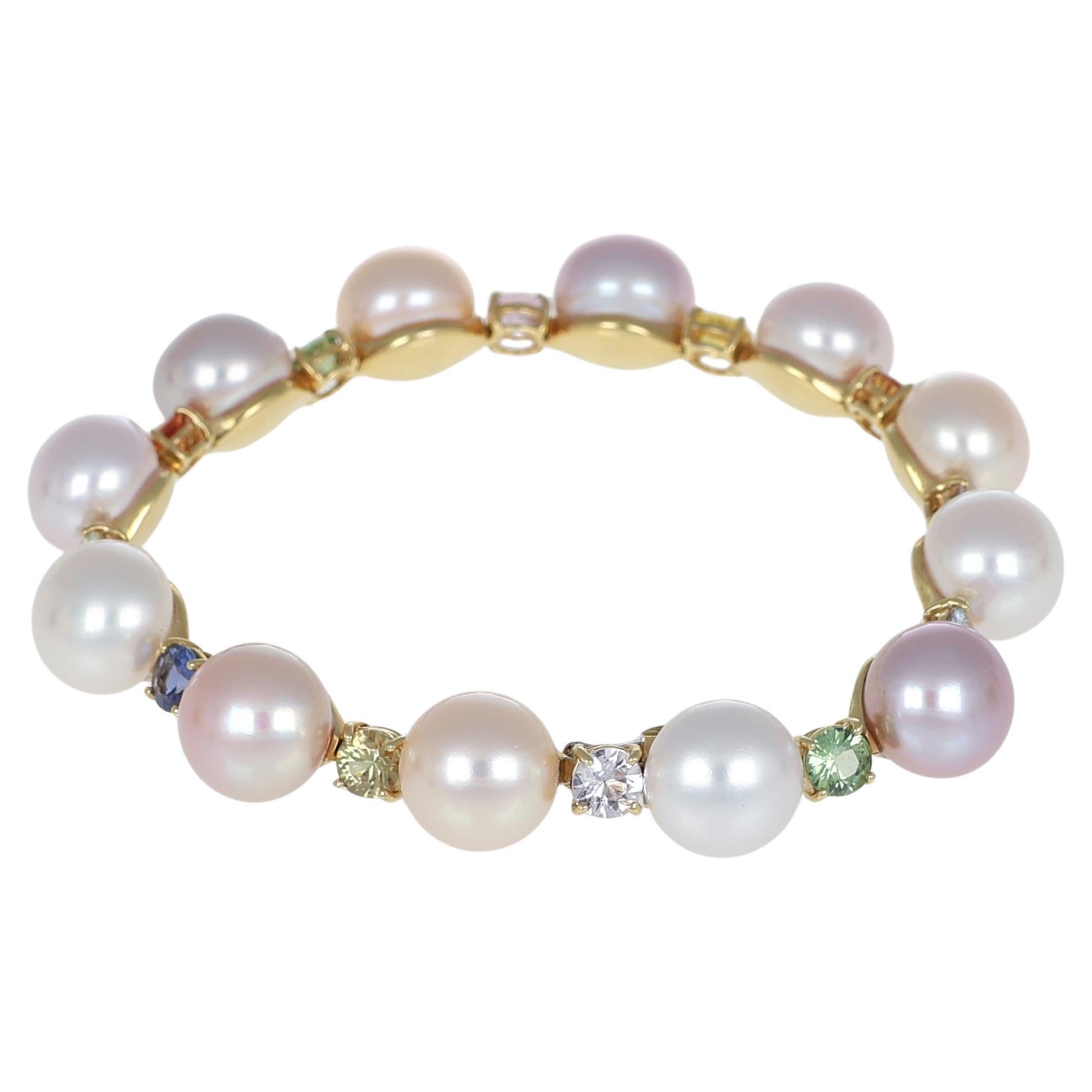 Yellow Gold Bracelet with Pearls and Multicolored Sapphires – 3.20 ct