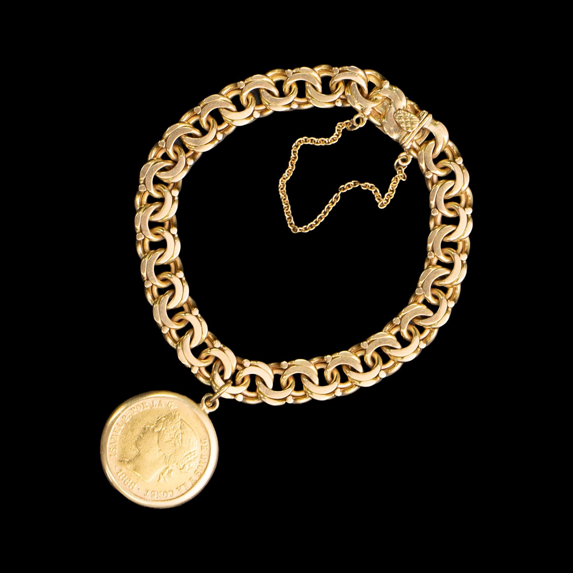 Pulsera de Oro Amarillo con Moneda de Filipinas Circa 1980s Moderno