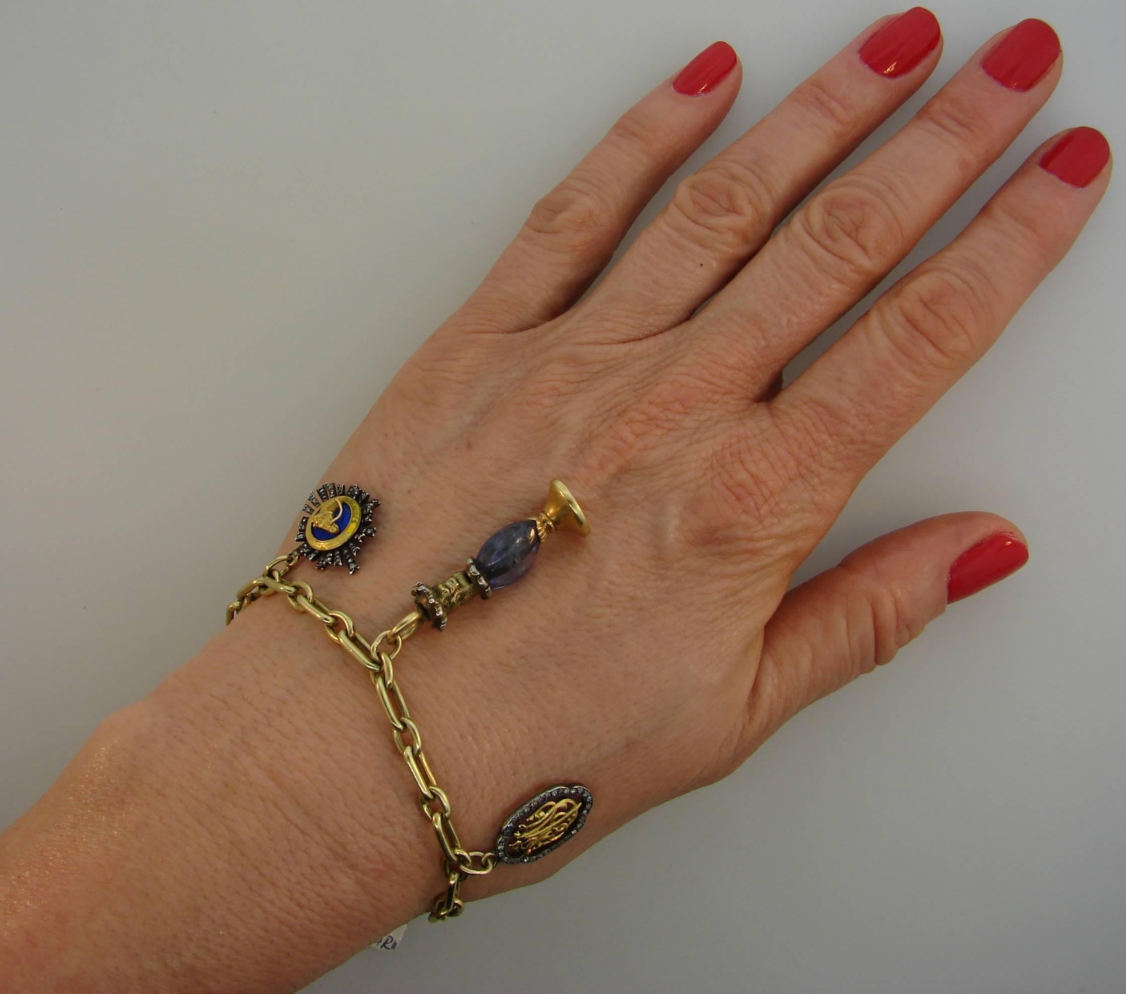 Yellow Gold Bracelet with Victorian Diamond Enamel Sapphire Charms In Good Condition In Beverly Hills, CA