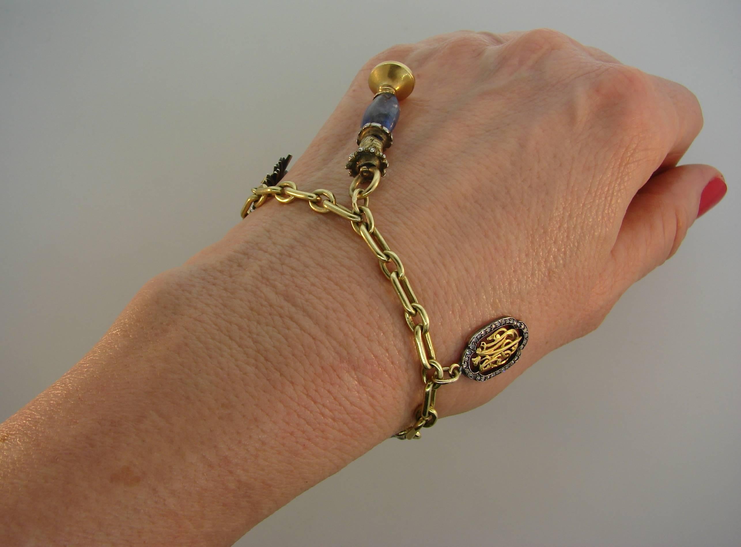 Women's or Men's Yellow Gold Bracelet with Victorian Diamond Enamel Sapphire Charms
