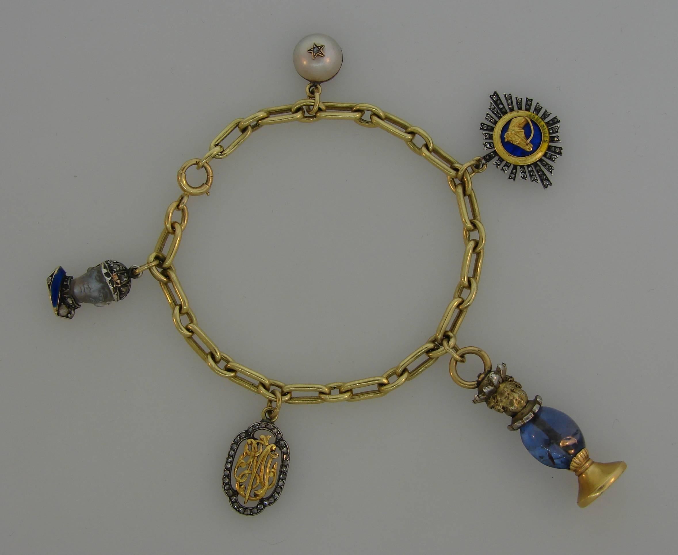 Yellow Gold Bracelet with Victorian Diamond Enamel Sapphire Charms 1