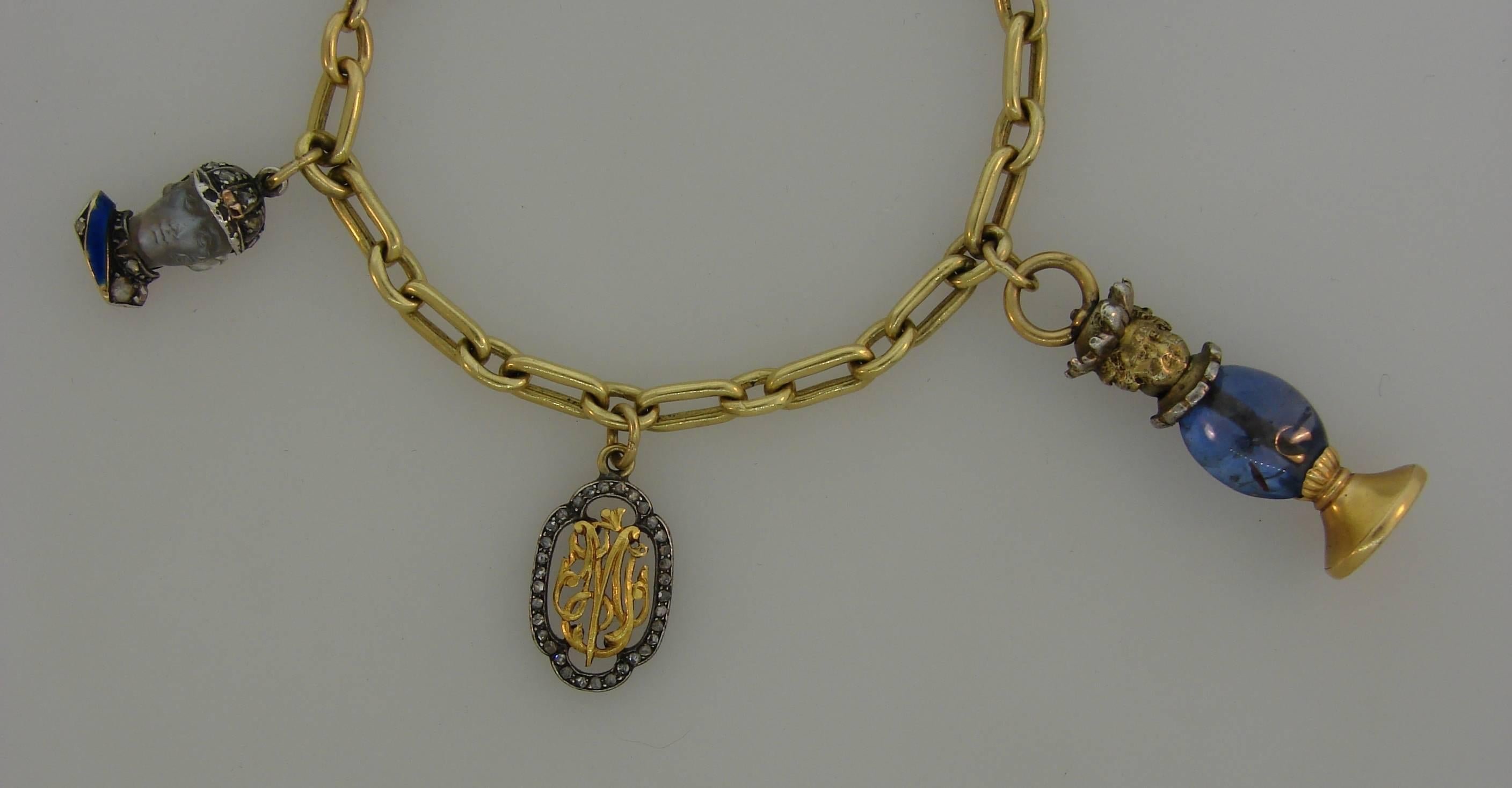 Yellow Gold Bracelet with Victorian Diamond Enamel Sapphire Charms 2