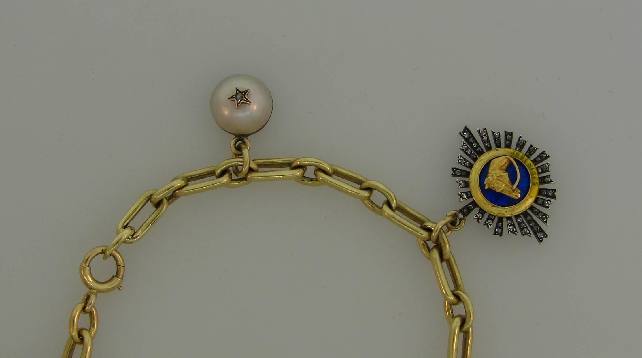 Yellow Gold Bracelet with Victorian Diamond Enamel Sapphire Charms 3
