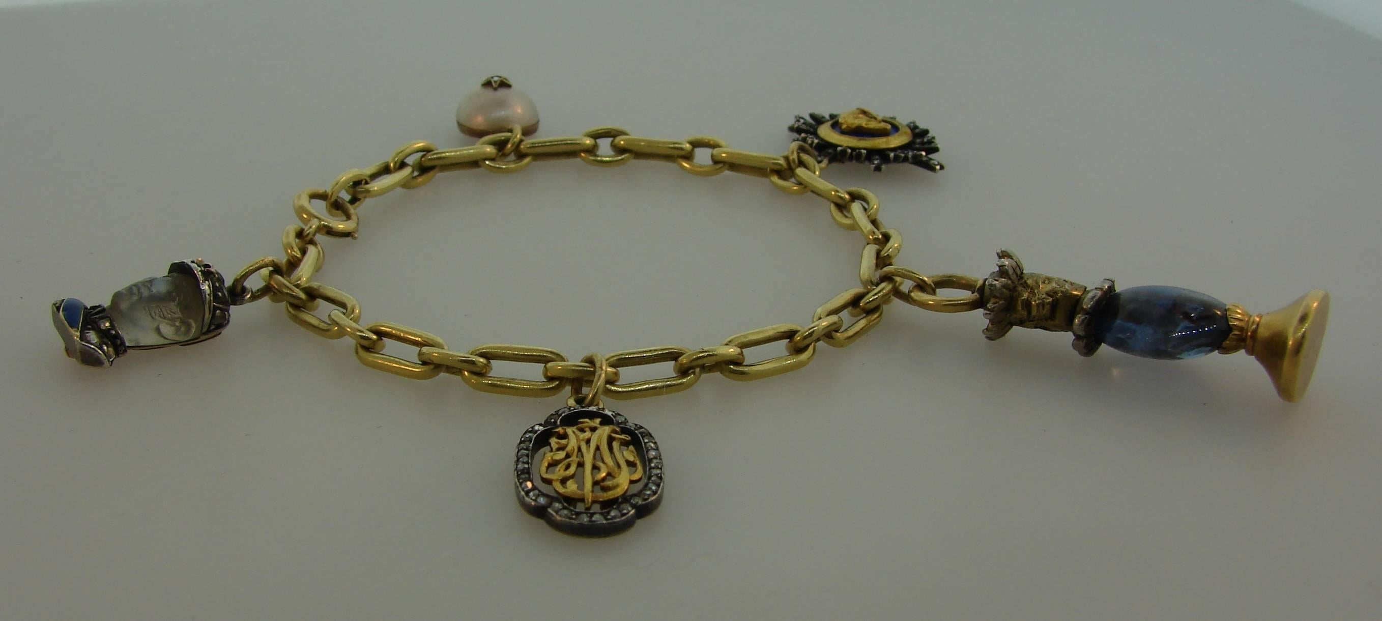 Yellow Gold Bracelet with Victorian Diamond Enamel Sapphire Charms 4