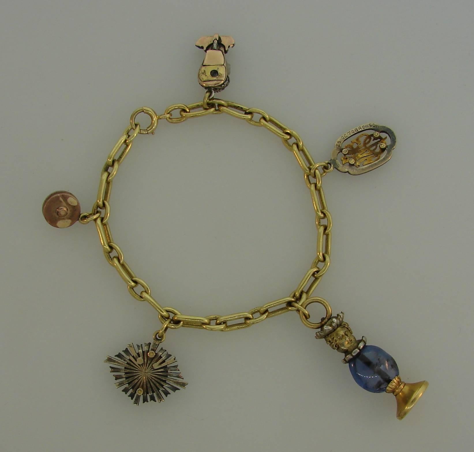Yellow Gold Bracelet with Victorian Diamond Enamel Sapphire Charms 5