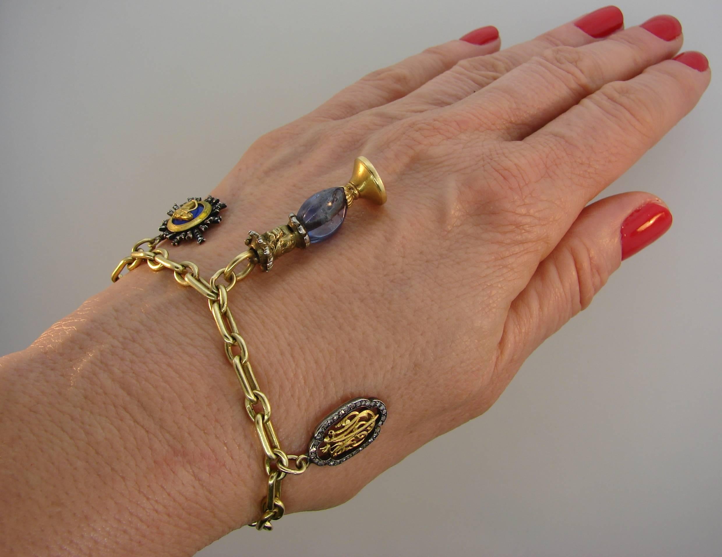 Yellow Gold Bracelet with Victorian Diamond Enamel Sapphire Charms 6