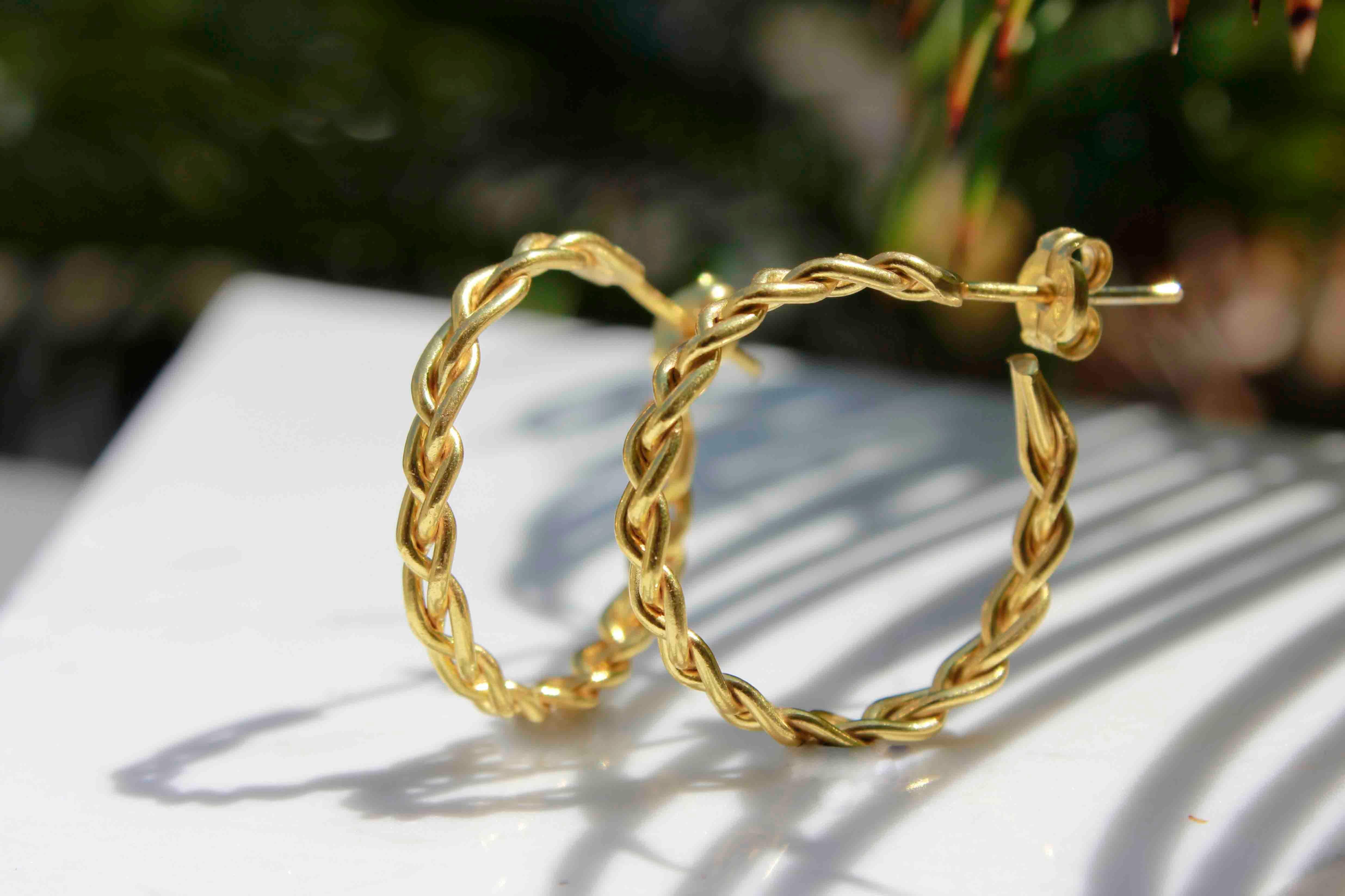 Women's or Men's Yellow Gold Braided Hoop Earrings 9K For Sale