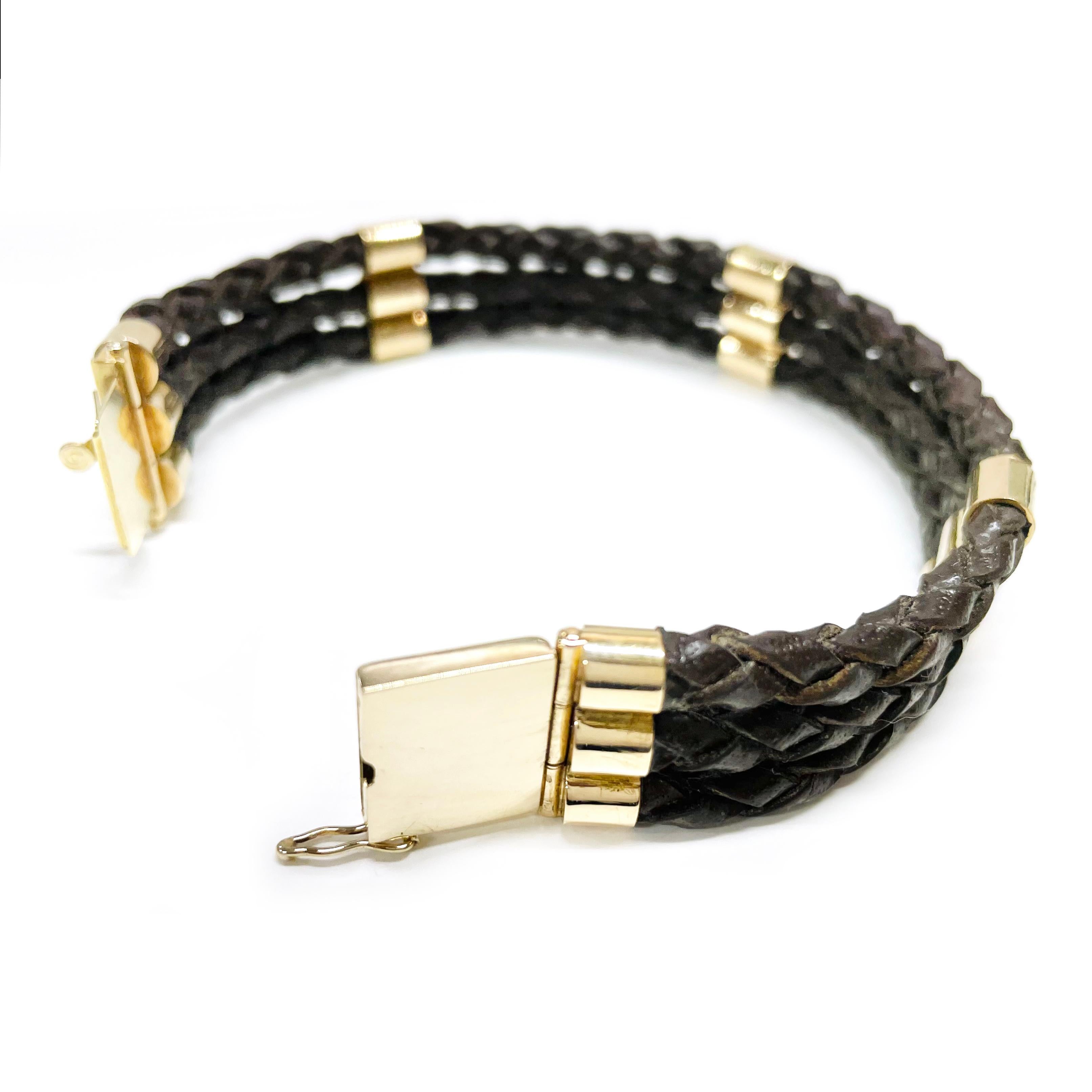Retro Yellow Gold Braided Leather Bracelet For Sale