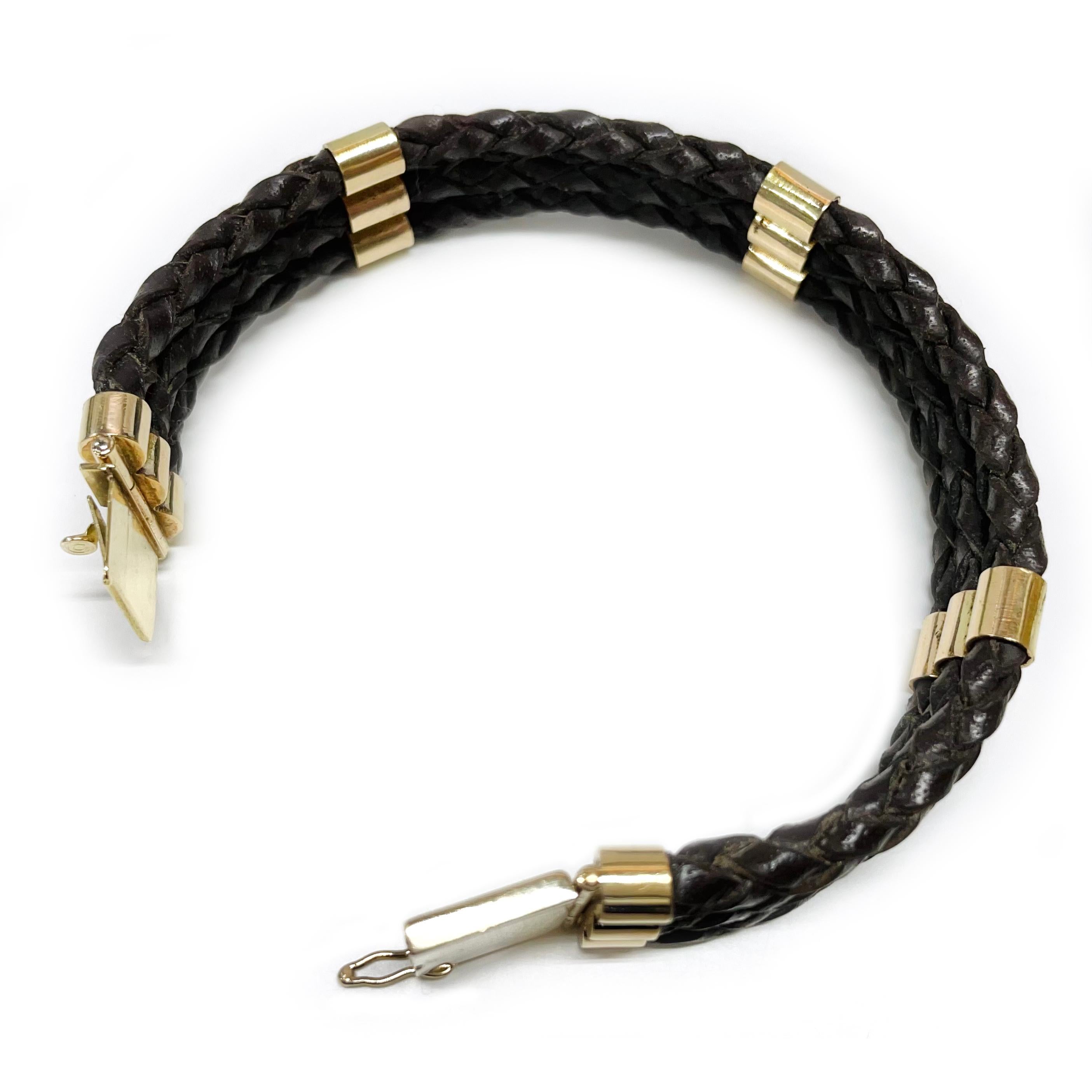 Yellow Gold Braided Leather Bracelet In Good Condition For Sale In Palm Desert, CA