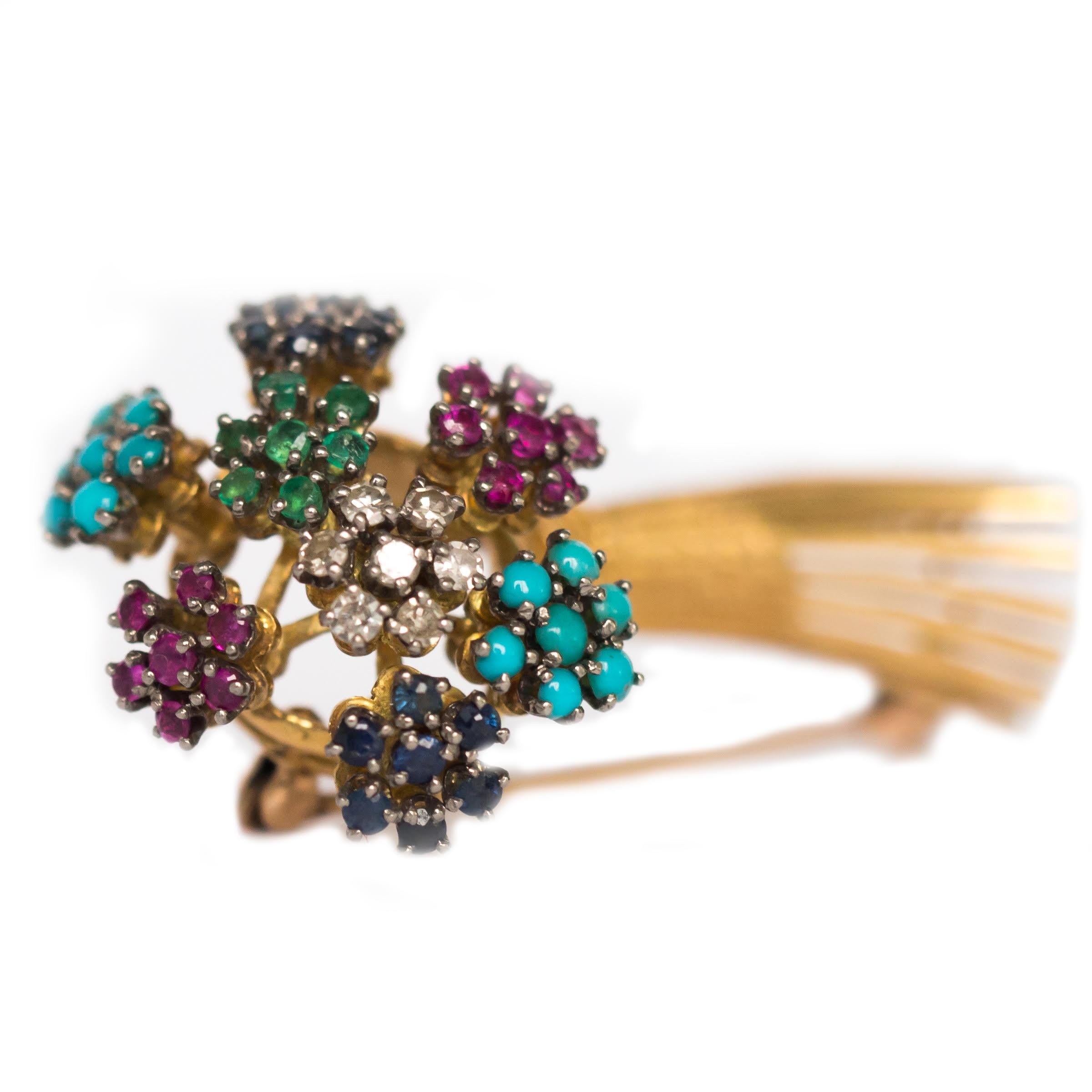 Designer: J. Rossi
Item Details: 
Length: 1.6 inches
Metal Type: 18 Karat Yellow Gold 
Weight: 10.2 grams

Color Stone Details: 
Type: Turquoise, Rubies, Emeralds, Sapphire, Diamonds
All Stone Total Carat Weight: 2.50 carat, total weight.
