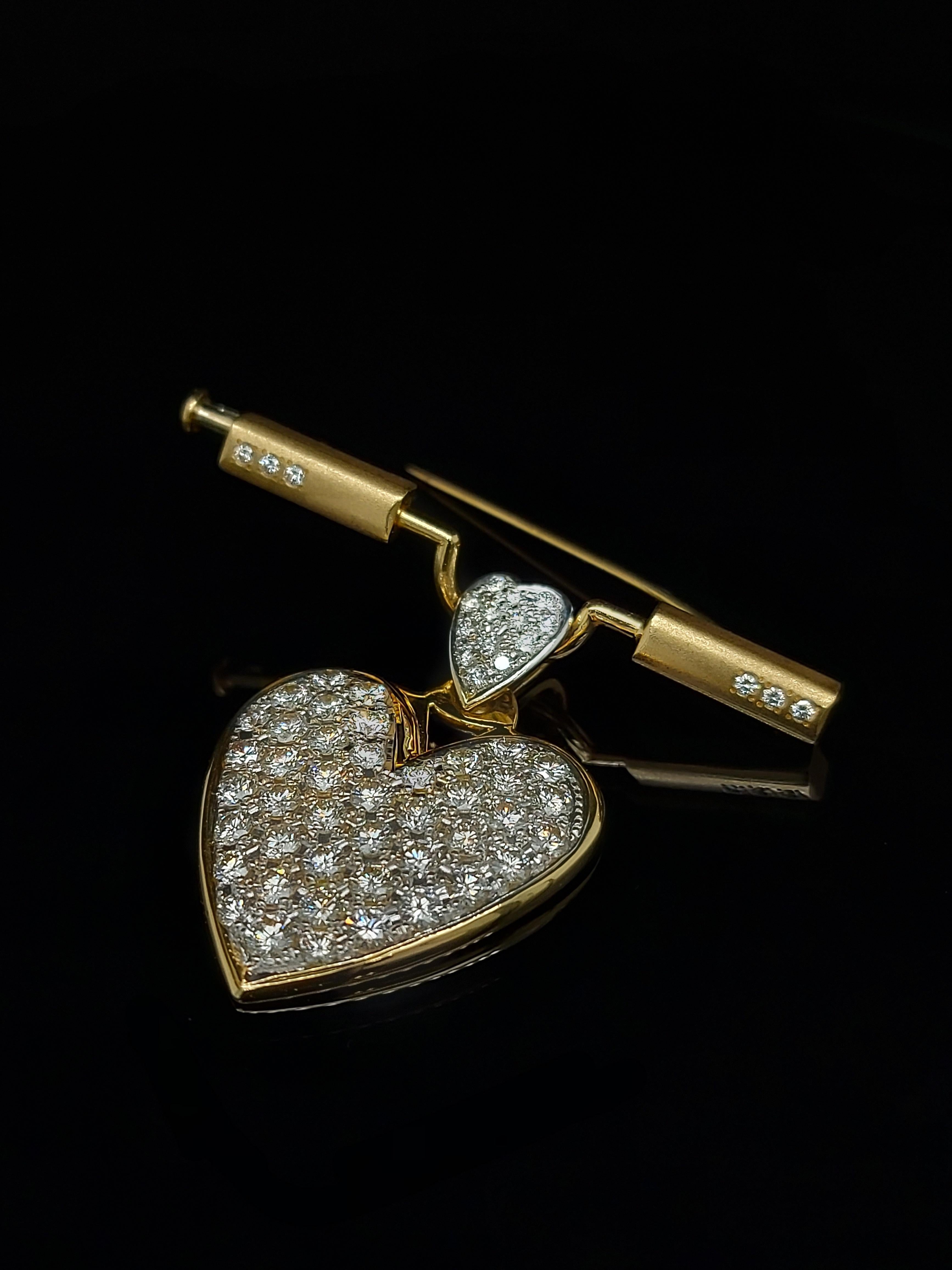 Artisan Yellow Gold Brooch with Diamond Heart Pavé Set Diamonds Dangling Down For Sale