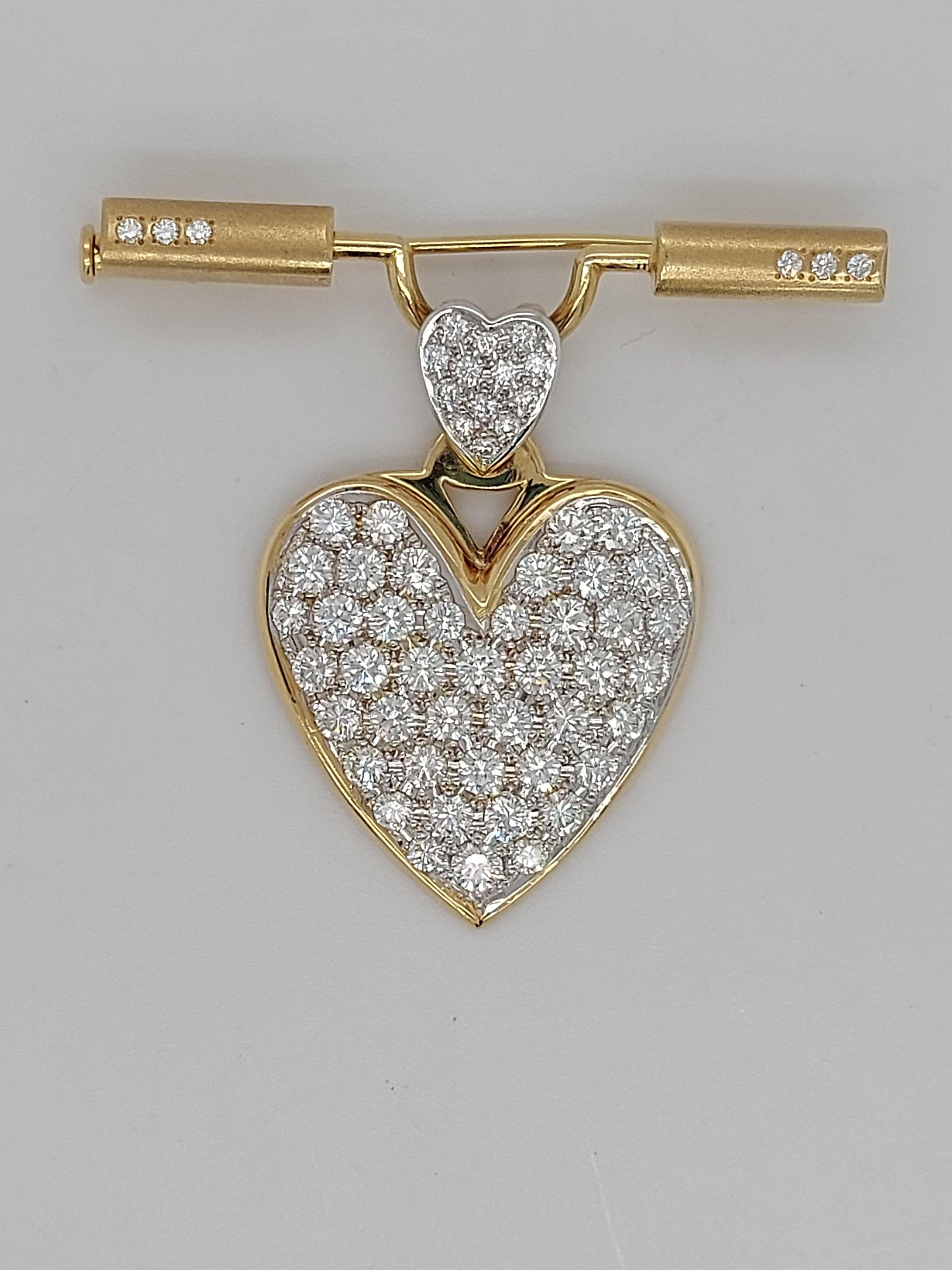 Women's or Men's Yellow Gold Brooch with Diamond Heart Pavé Set Diamonds Dangling Down For Sale