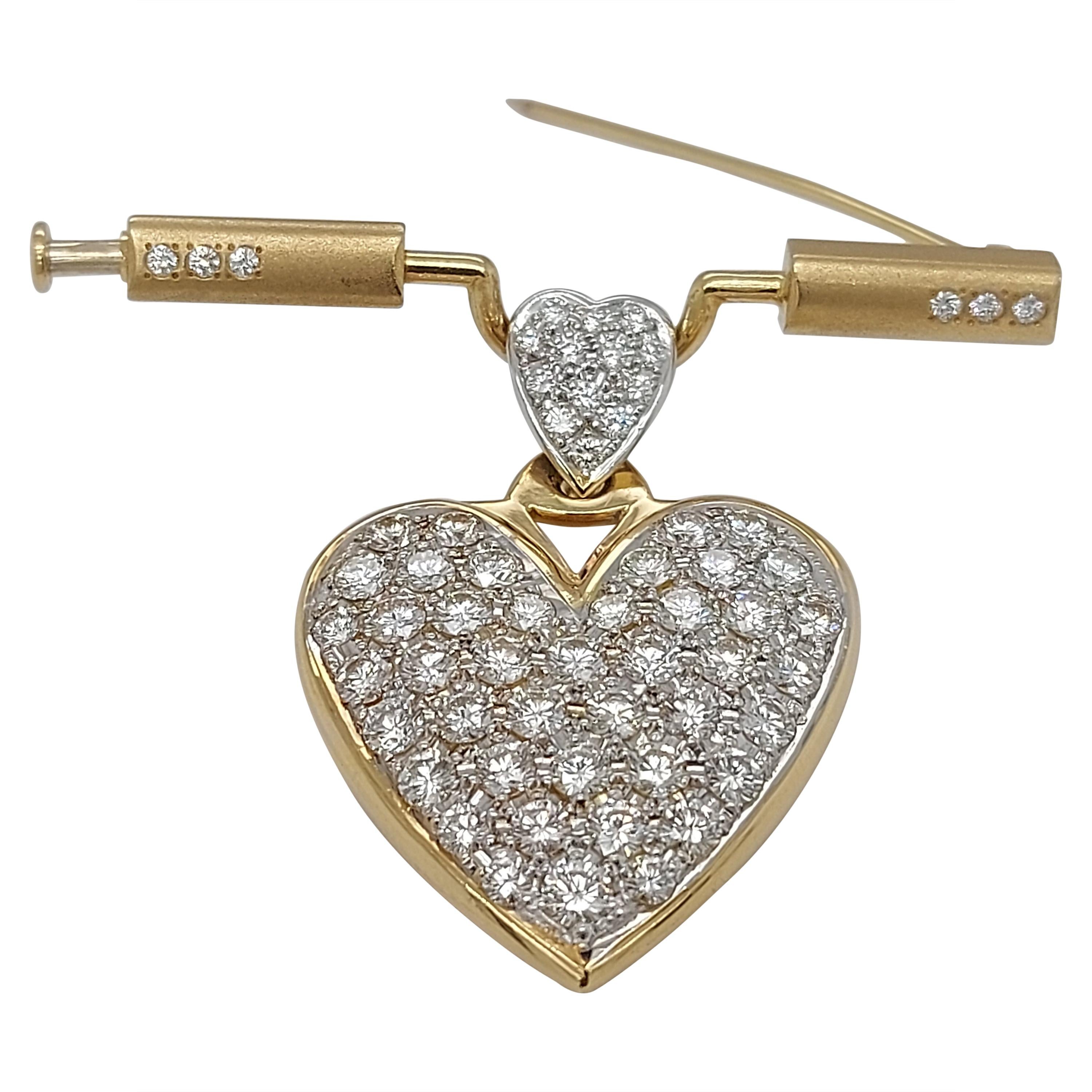 Yellow Gold Brooch with Diamond Heart Pavé Set Diamonds Dangling Down For Sale