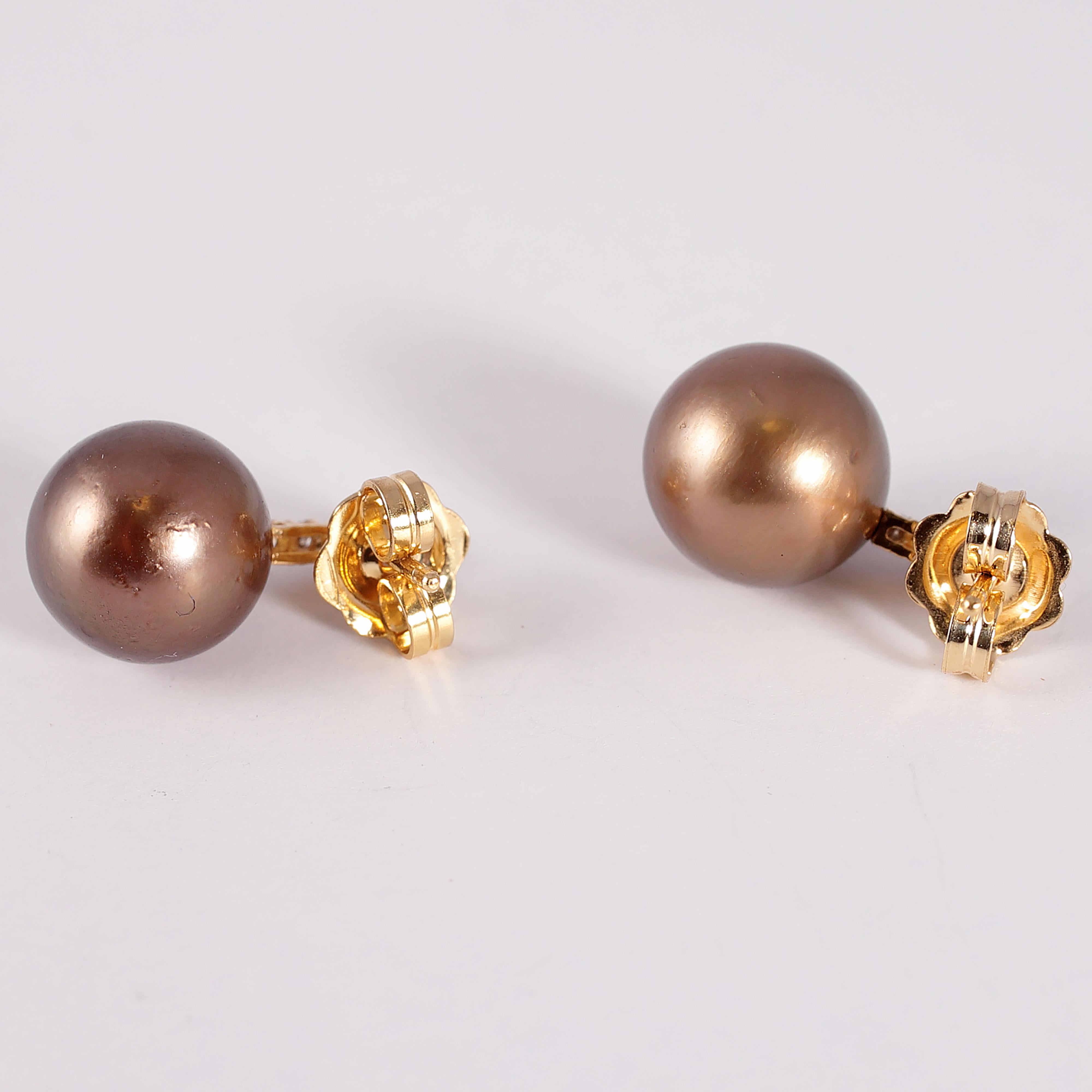 Round Cut Yellow Gold Brown Tahitian Pearl and Brown Diamond Earrings For Sale