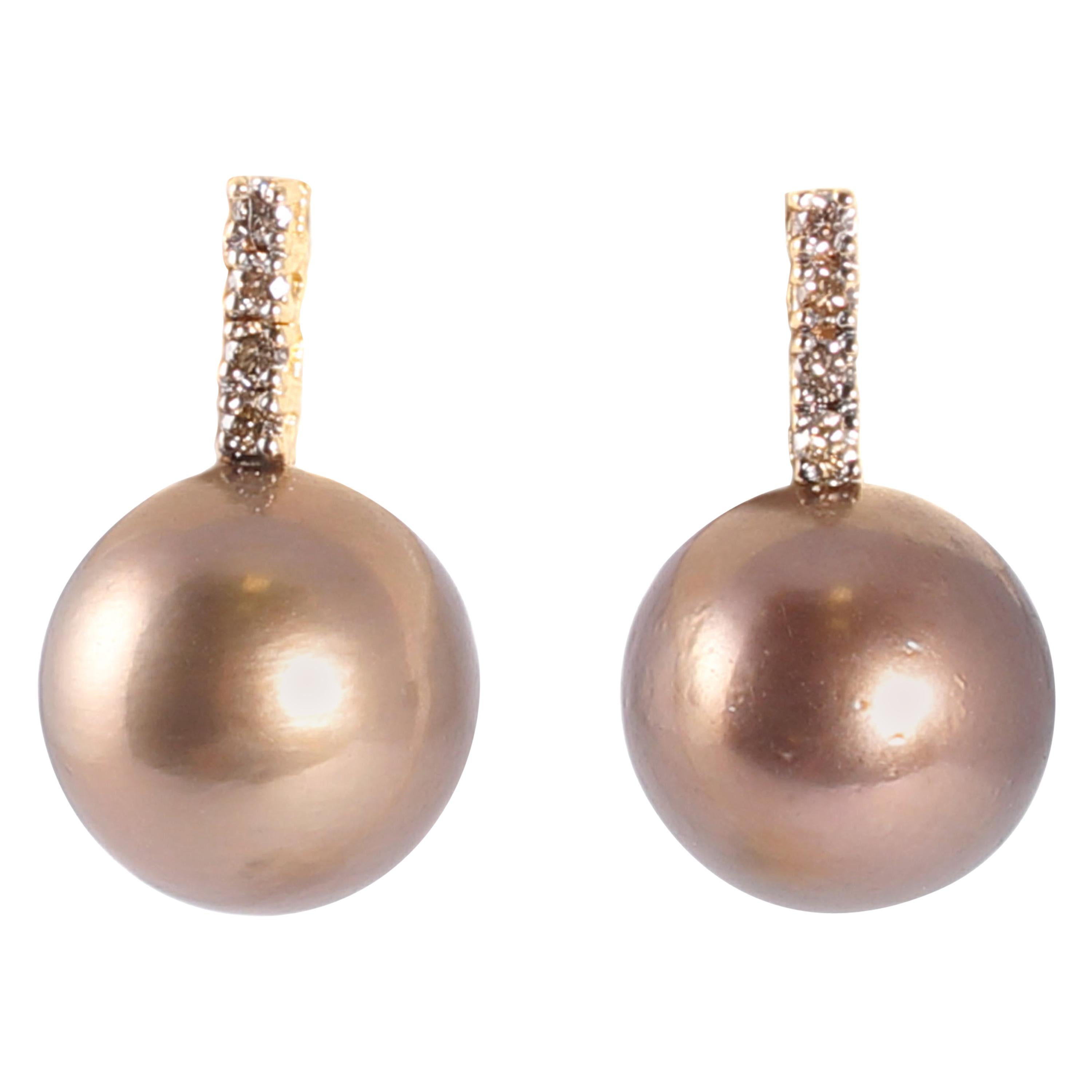 Yellow Gold Brown Tahitian Pearl and Brown Diamond Earrings For Sale