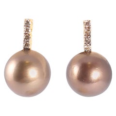 Yellow Gold Brown Tahitian Pearl and Brown Diamond Earrings