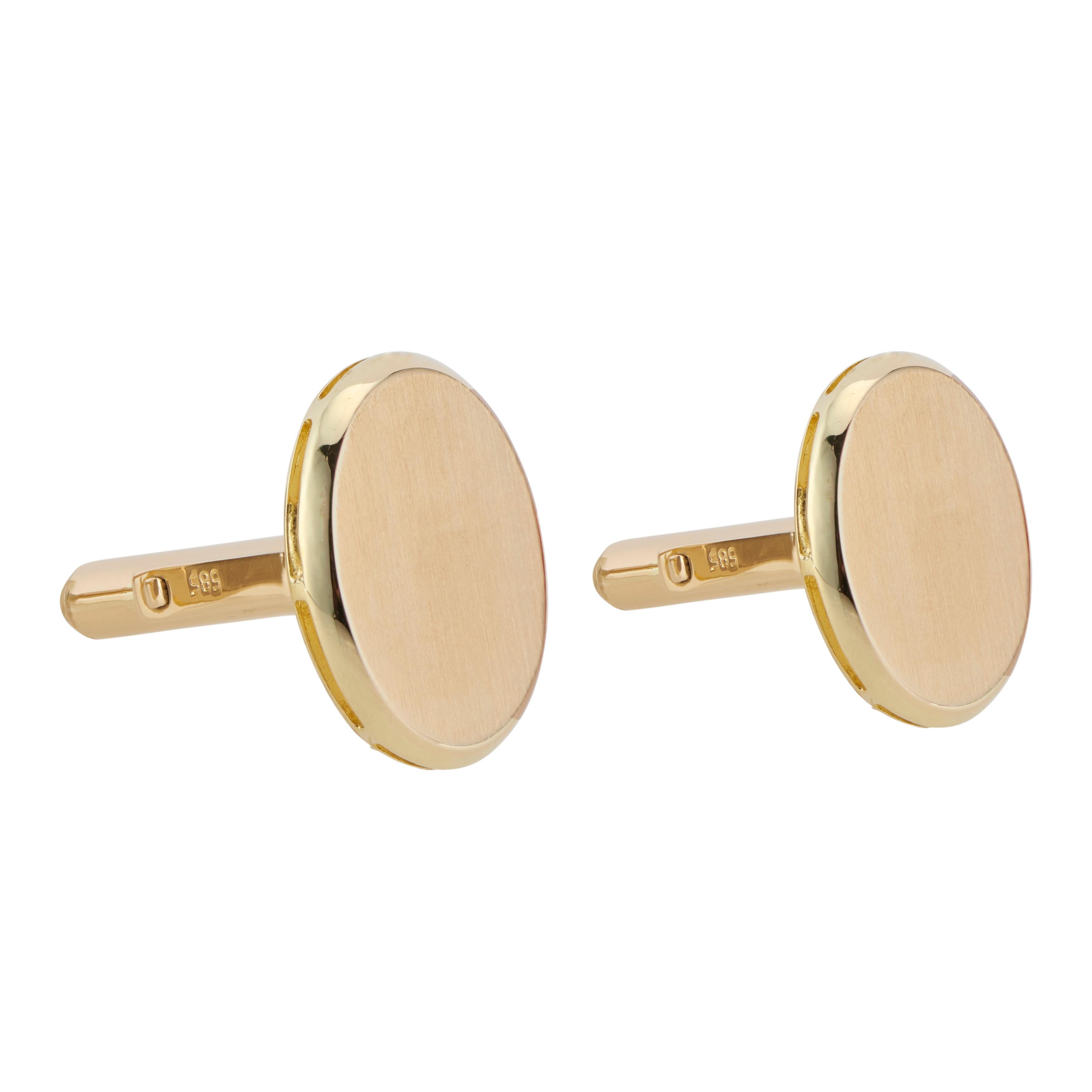 1980's oval brushed finish 14k yellow gold men's cufflinks 

14k yellow gold 
Stamped: 14k 585
8.3 grams
Top to bottom: 14.5mm or .5 Inch
Width: 18.7mm or .75 Inch
Depth or thickness: 2.6mm


