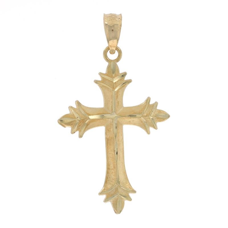 Brand: Michael Anthony

Metal Content: 14k Yellow Gold

Theme: Budded Cross, Faith
Features: Smoothly Finished with Matte & Etched Detailing

Measurements
Tall (from stationary bail): 1 1/32