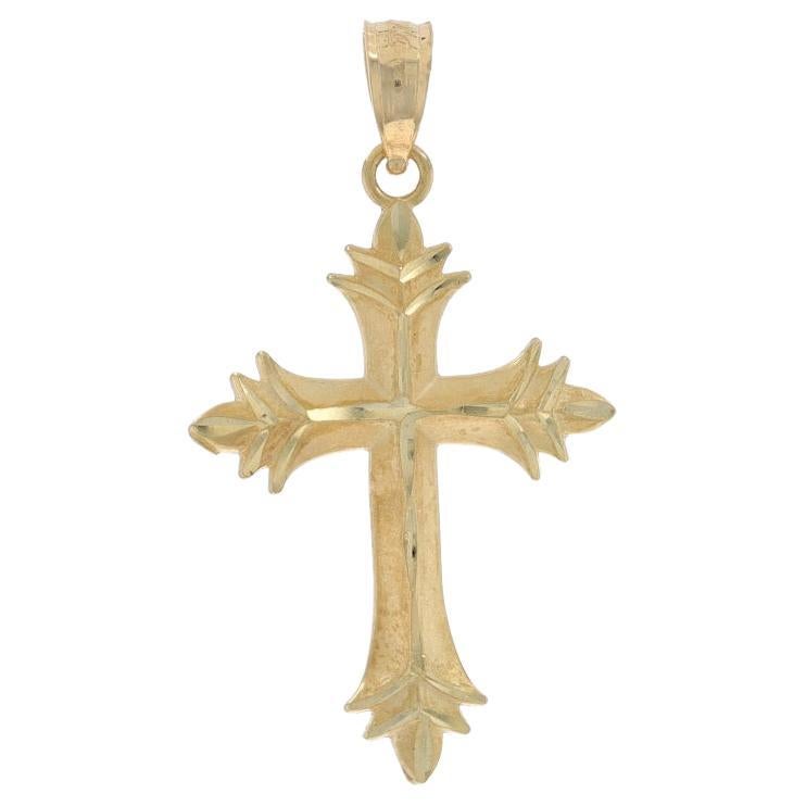 Yellow Gold Budded Cross Pendant - 14k Faith Etched Matte For Sale