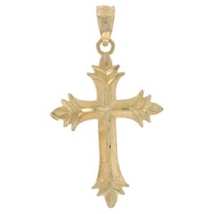 Yellow Gold Budded Cross Pendant - 14k Faith Etched Matte