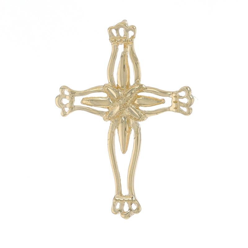 Metal Content: 14k Yellow Gold

Theme: Budded Cross, Faith
Features: Smooth & Stardust-Textured Open Cut Designwith Etched Detailing

Measurements

Tall: 1 7/32