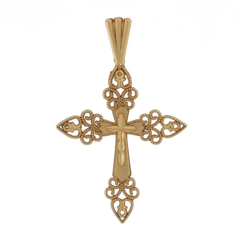 Brand: Michael Anthony

Metal Content: 14k Yellow Gold

Theme: Budded Cross, Faith
Features: Matte Open Cut Design with Etched & Milgrain Detailing

Measurements

Tall (from stationary bail): 1 1/4