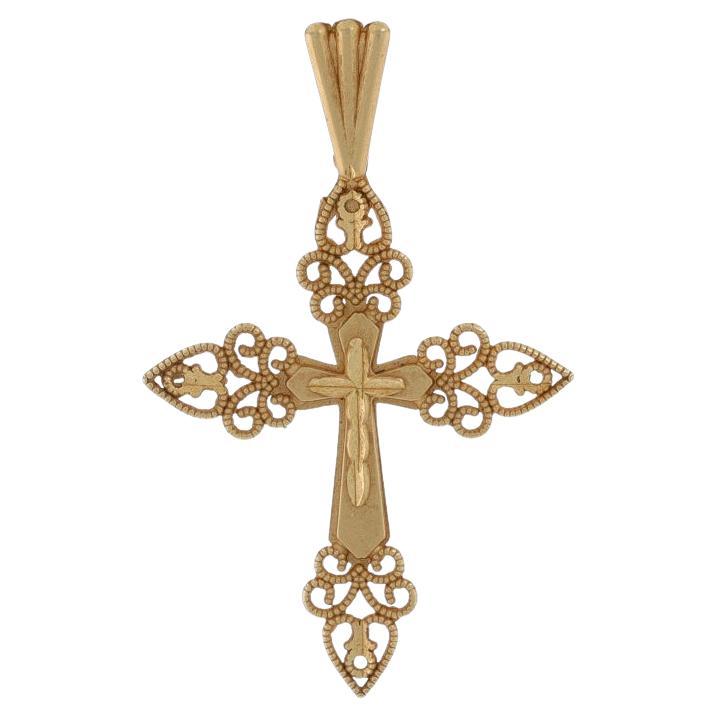 Yellow Gold Budded Cross Pendant - 14k Faith Pointed Matte Milgrain For Sale
