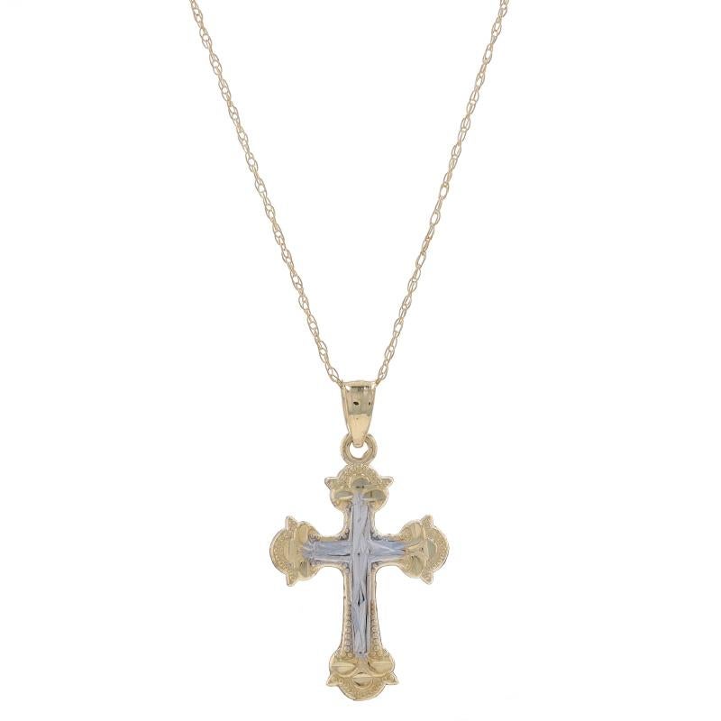 Metal Content: 10k Yellow Gold & 10k White Gold

Chain Style: Prince of Wales
Necklace Style: Chain
Fastening Type: Spring Ring Clasp
Theme: Budded Cross, Faith
Features: Etched & Milgrain Detailing

Measurements

Item 1: Pendant
Tall (from