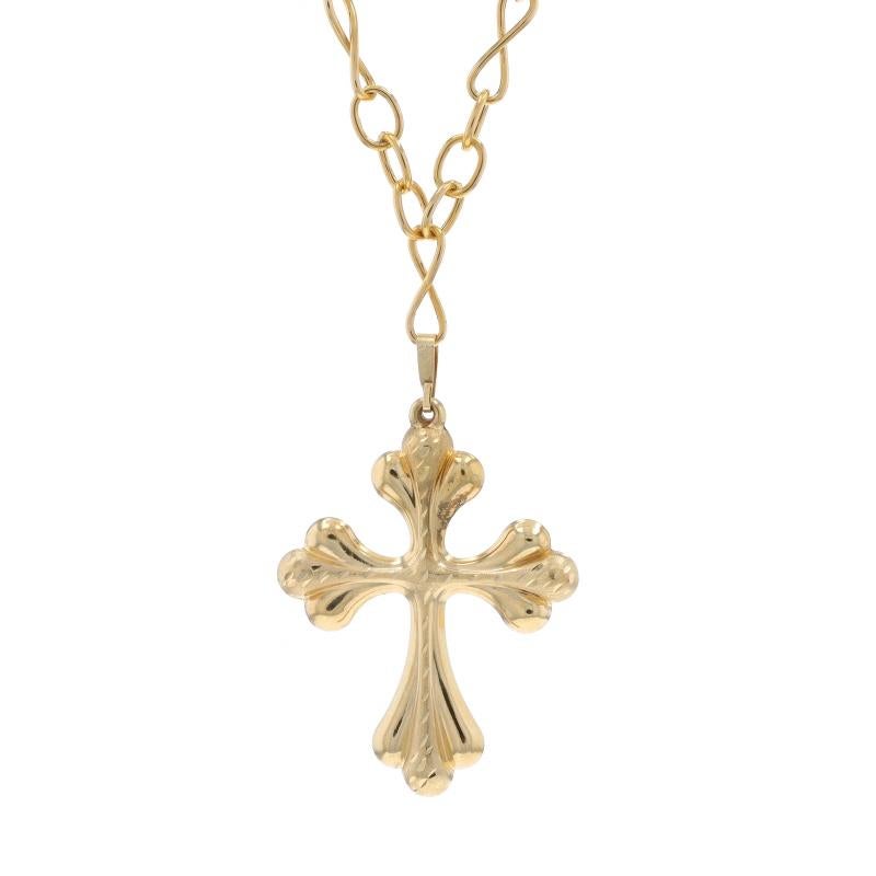 Metal Content: 14k Yellow Gold

Chain Style: Fancy Figure 8
Necklace Style: Chain
Fastening Type: Spring Ring Clasp
Theme: Budded Cross, Faith
Features: Pendant has a hollow construction with brushed and etched details

Measurements

Item 1: