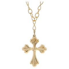 Vintage Yellow Gold Budded Cross Pendant Necklace 32" - 14k Faith