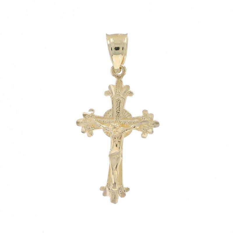 Metal Content: 14k Yellow Gold

Theme: Budded Crucifix, Cross, Faith
Features: Textured Detailing

Measurements

Tall (from stationary bail): 1 5/32