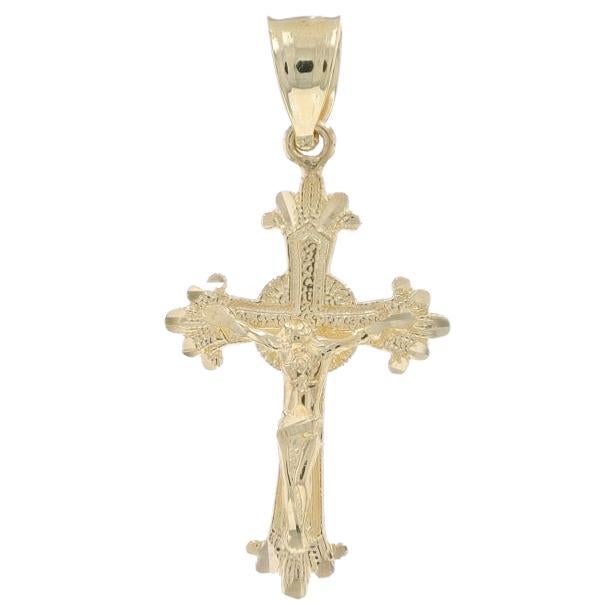 Yellow Gold Budded Crucifix Pendant - 14k Cross Faith For Sale