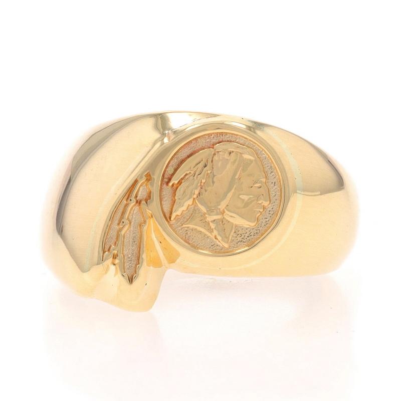 Size: 6 1/2
Sizing Fee: Up 2 sizes for $50 or Down 1 size for $40

Metal Content: 10k Yellow Gold

Style: Signet
Theme: Buffalo Nickel Replica, Coin-Inspired Design

Measurements
Face Height (north to south): 9/16