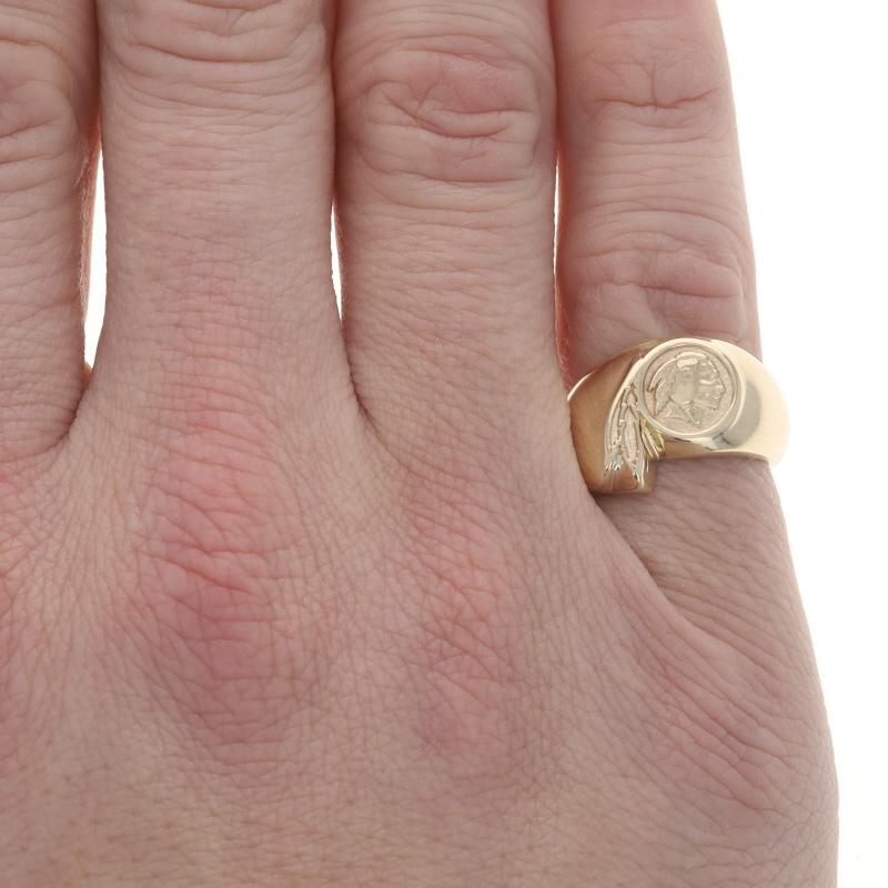 Yellow Gold Buffalo Nickel Replica Men's Signet Ring - 10k Native American Bust In Excellent Condition For Sale In Greensboro, NC