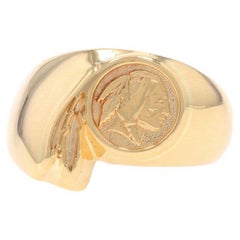 Yellow Gold Buffalo Nickel Replica Men's Signet Ring - 10k Native American Bust