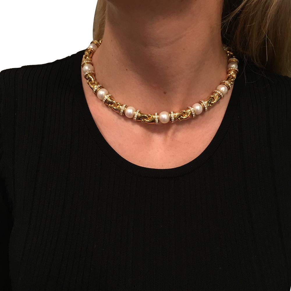 Bulgari necklace Passo Doppio collection in yellow gold, Diamonds and Pearls In Excellent Condition In Ebene, MU
