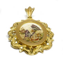 Yellow Gold Butterflies Masterpiece Hand Painted MOP Pendant #0845