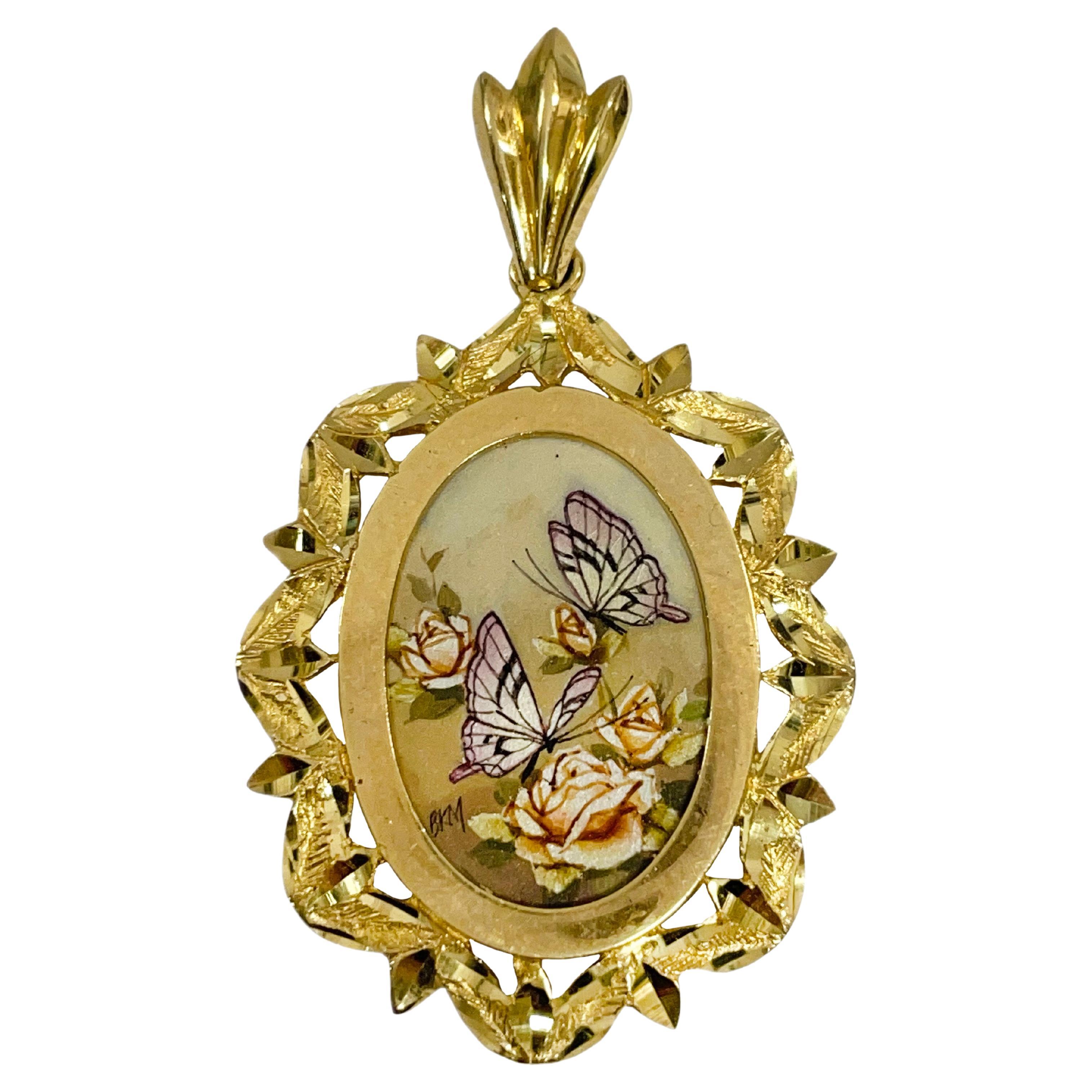 Yellow Gold Butterflies Masterpiece Hand Painted MOP Pendant #0845 For Sale