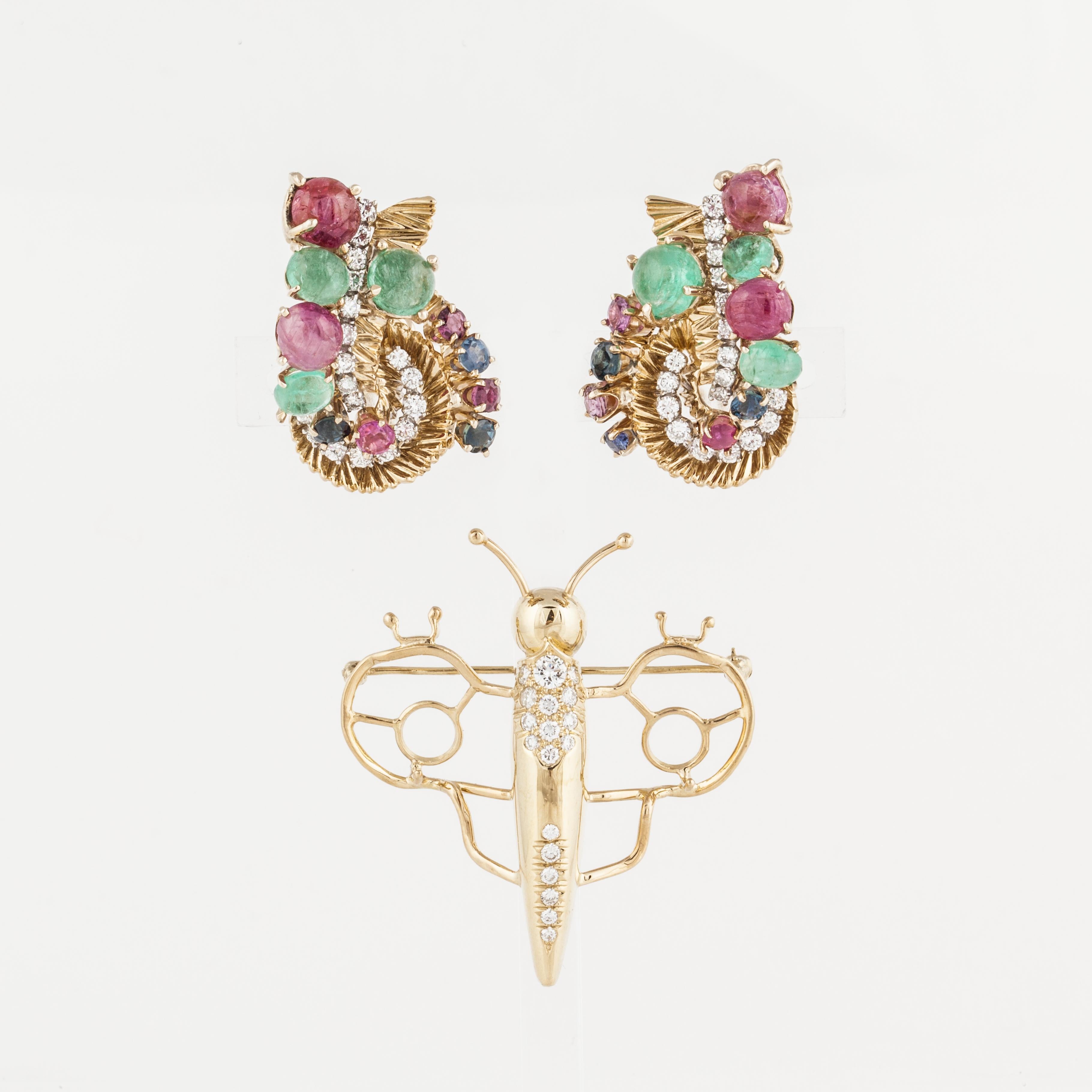 Mixed Cut Multi-Gemstone and Diamond 18K Gold Butterfly Convertible Brooch/Earrings