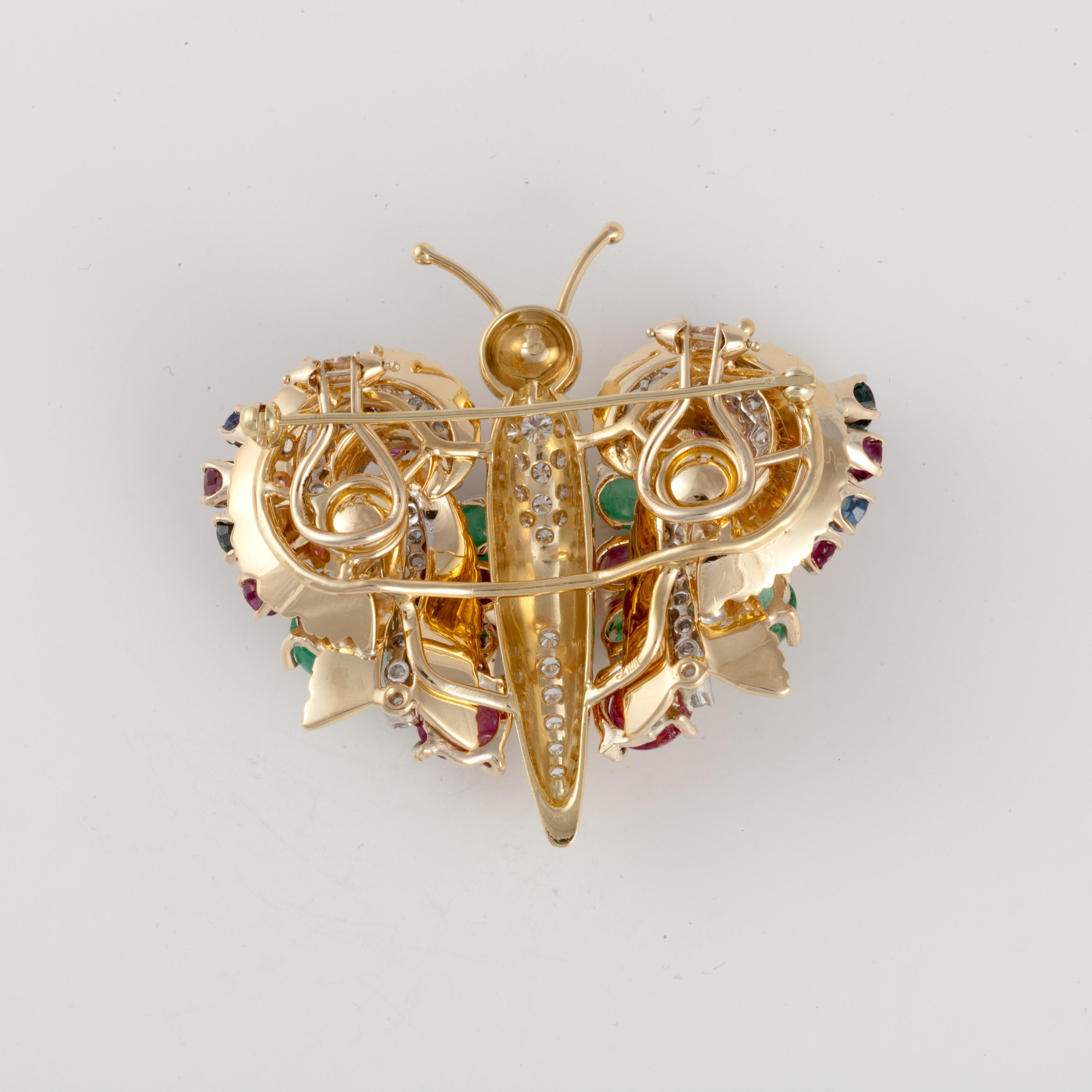 Women's Multi-Gemstone and Diamond 18K Gold Butterfly Convertible Brooch/Earrings
