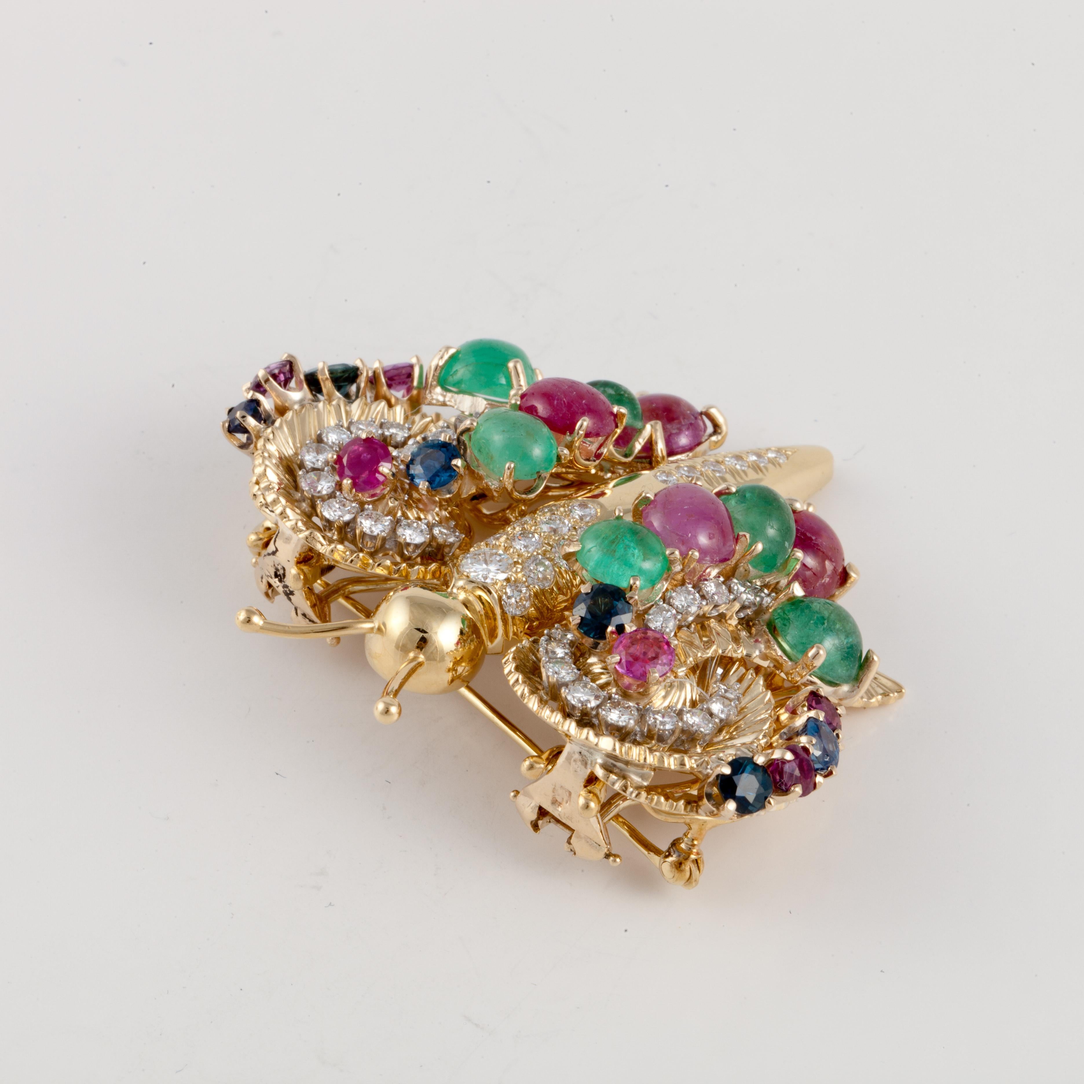 Multi-Gemstone and Diamond 18K Gold Butterfly Convertible Brooch/Earrings 1