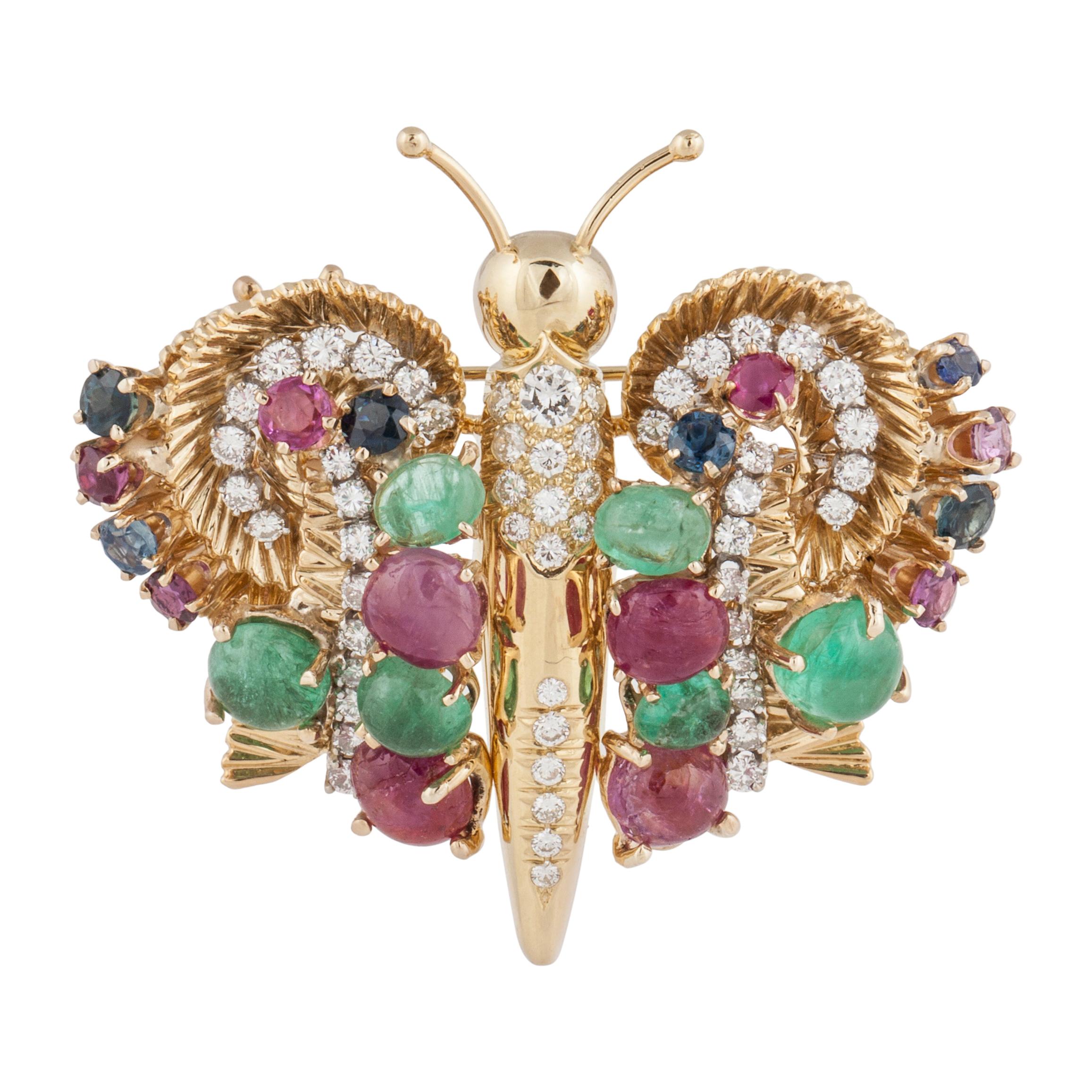 Multi-Gemstone and Diamond 18K Gold Butterfly Convertible Brooch/Earrings