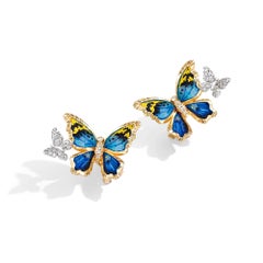 Schmetterlingsohrringe aus Gelbgold mit weißen Diamanten, Saphiren und Mikromosaik