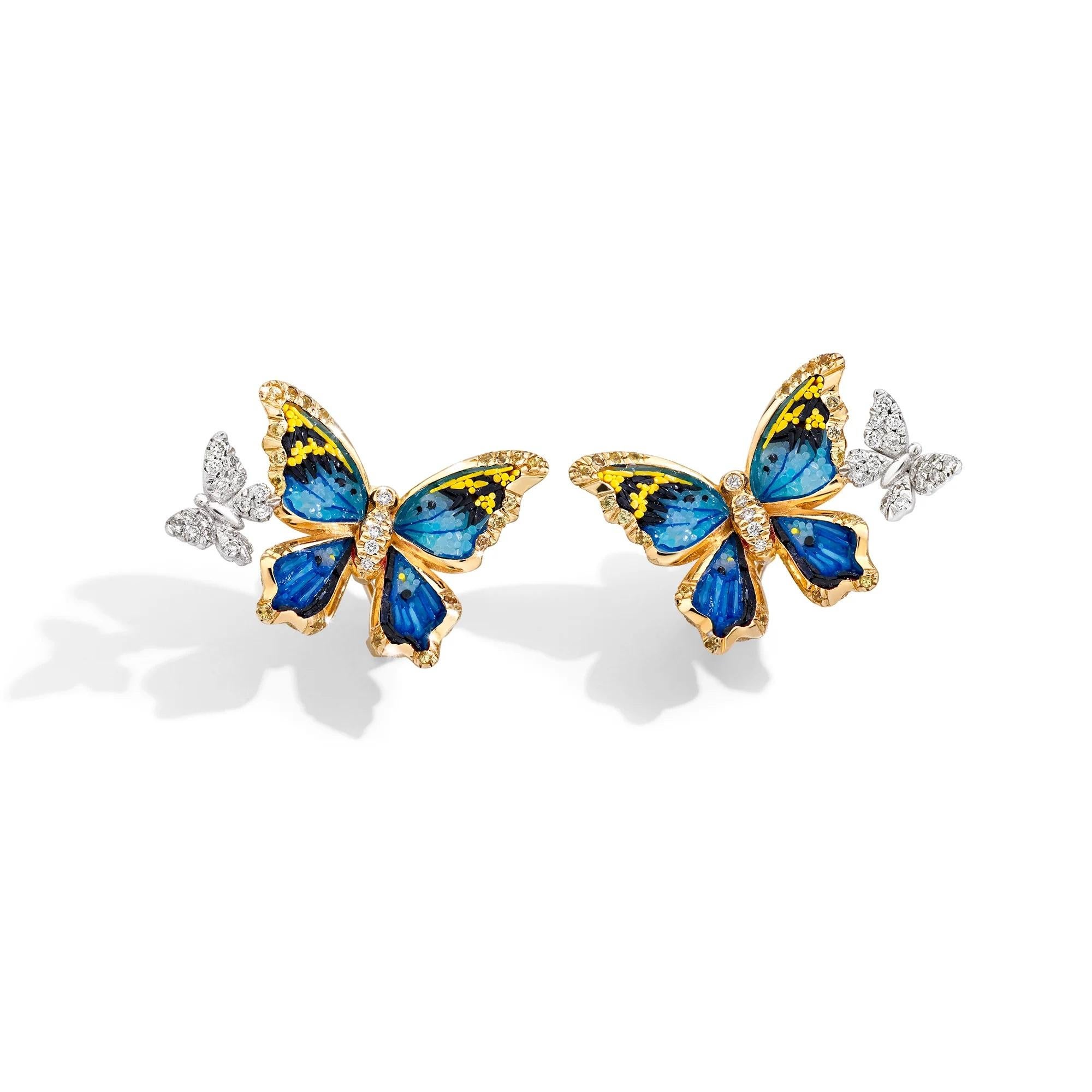 Yellow Gold Butterfly Earrings with White Diamonds, Sapphires and Micromosaic Corte mixto en venta