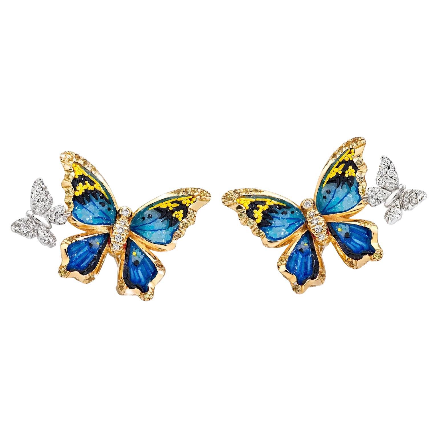 Yellow Gold Butterfly Earrings with White Diamonds, Sapphires and Micromosaic