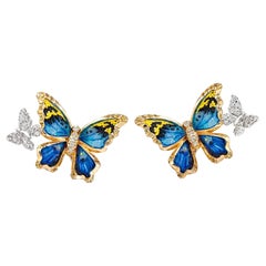 Yellow Gold Butterfly Earrings with White Diamonds, Sapphires and Micromosaic